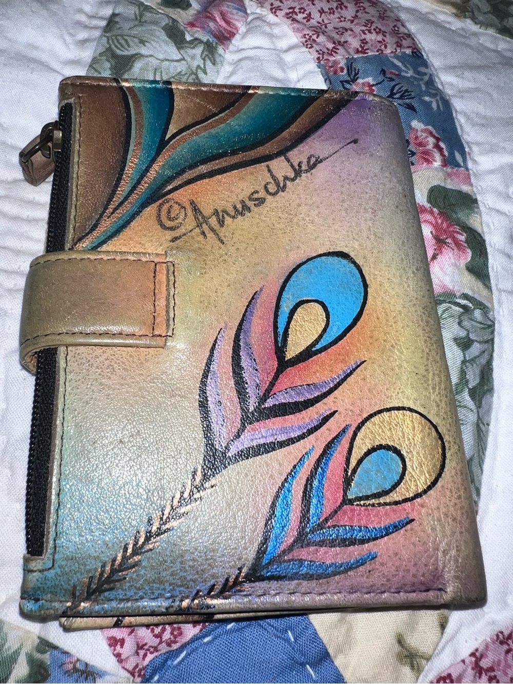 Anuschka Vintage Hand Painted Genuine Leather Trifold Wallet Boho Peacock Art